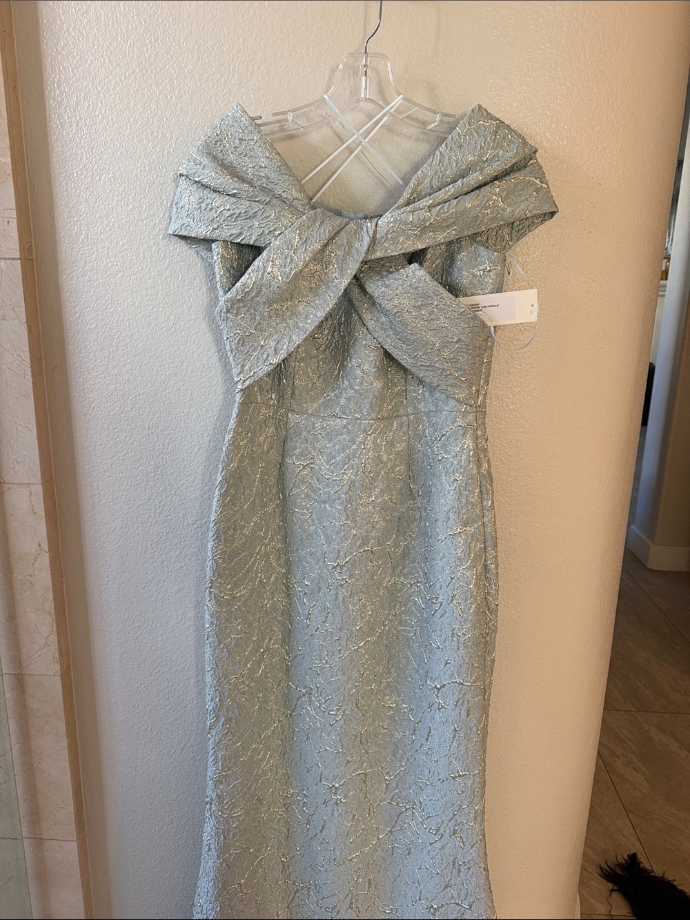 Rickie Freeman for Teri Jon Ice Blue One-Shoulder Draped Knot Gown